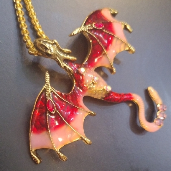 Dragon Pendant Necklace with Red, Pink and Gold Accents - Picture 7 of 9